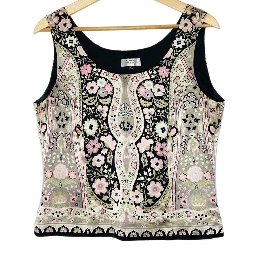 Tahari Black Floral Embroidered Tank Top with Pink and Cream Accents